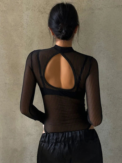 Mesh See-Through Backless Bodysuit Sheyln
