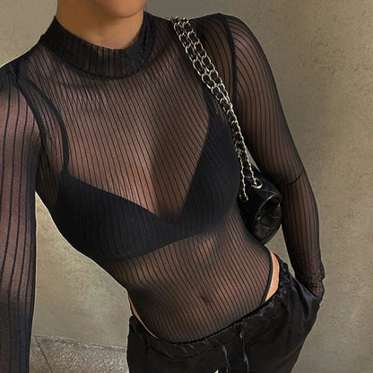 Mesh See-Through Backless Bodysuit Sheyln