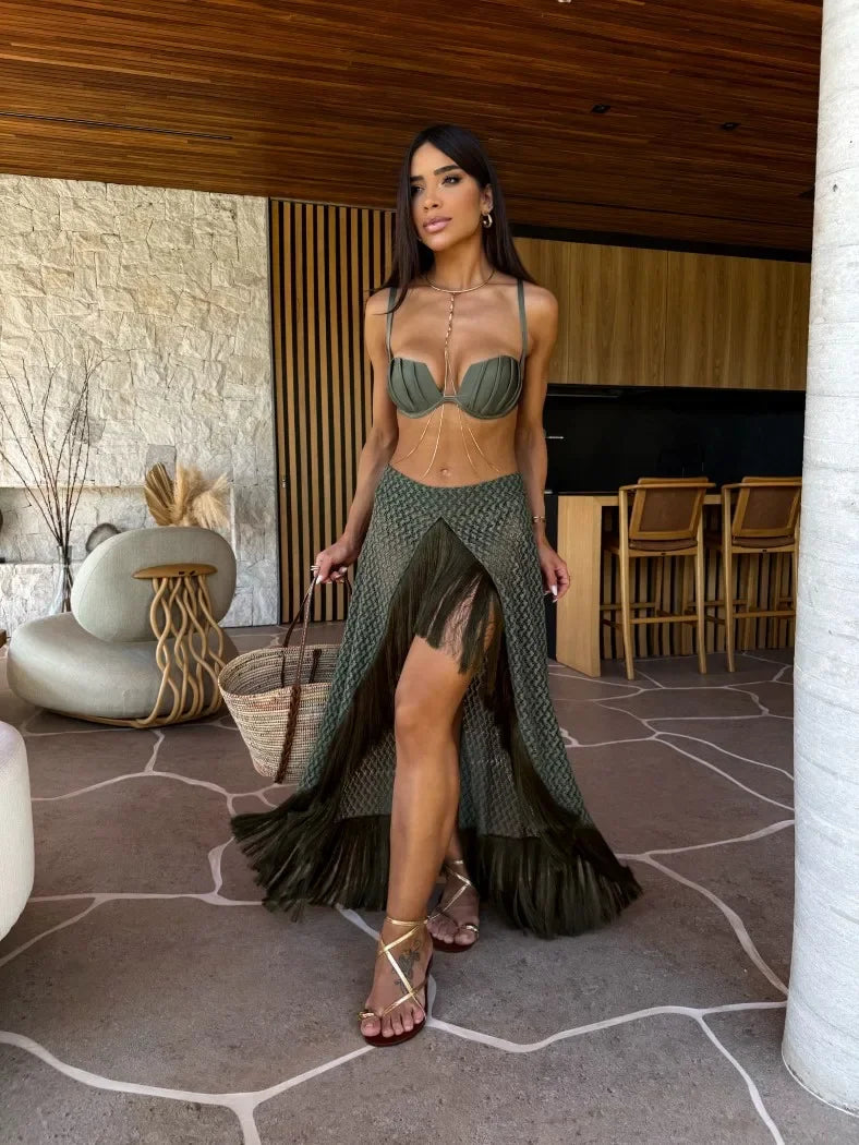 3-Piece Tassel Skirt Bikini Set
