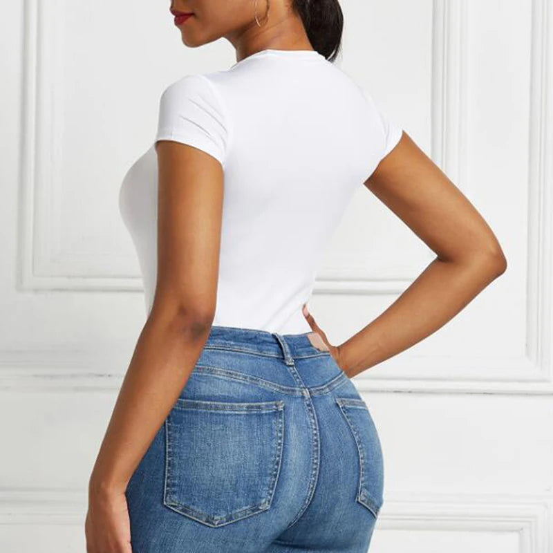 Solid Short Sleeve O-Neck Bodysuit Sheyln