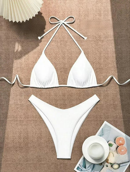 Solid Lace-Up Halter Thong Bikini Sheyln