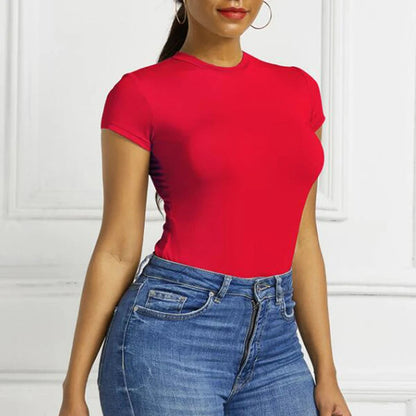 Solid Short Sleeve O-Neck Bodysuit Sheyln