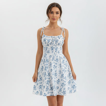 Woman wearing a white dress with blue floral pattern on a plain background