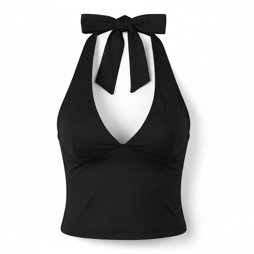 Pink halter top with tie straps on a white background