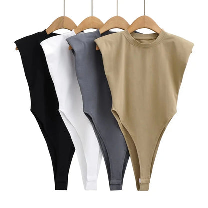 Padded Shoulder Sleeveless Bodysuit Sheyln