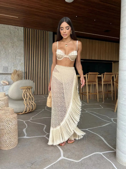3-Piece Tassel Skirt Bikini Set