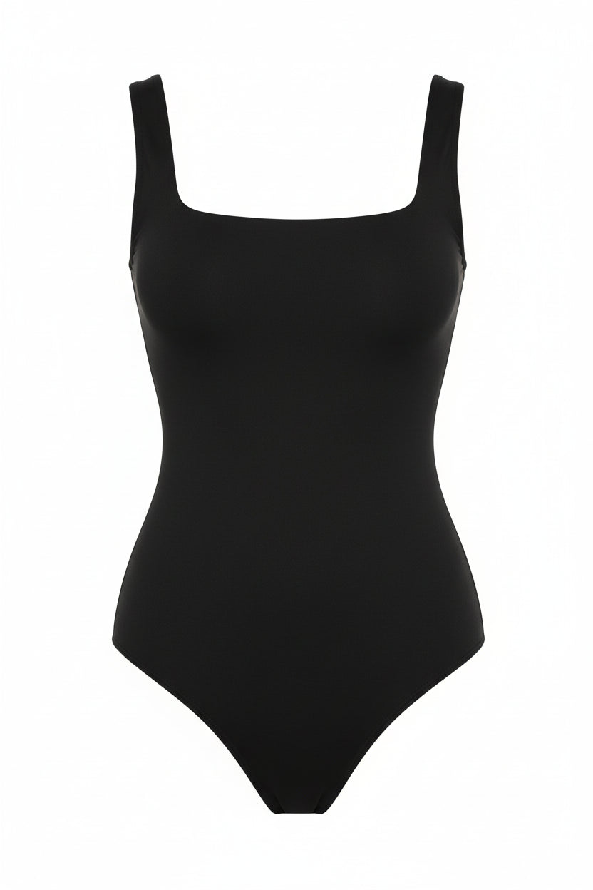 Black Solid Wide Strap Stretch Bodysuit for Women Sheyln
