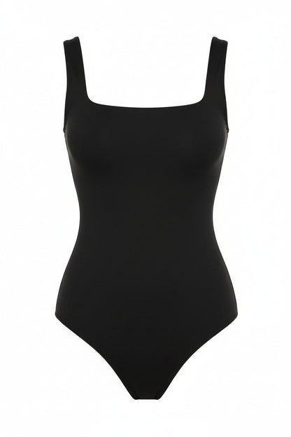 Black Solid Wide Strap Stretch Bodysuit for Women Sheyln