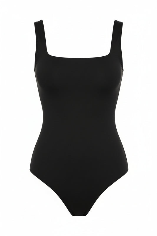 Black Solid Wide Strap Stretch Bodysuit for Women